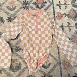 Kids Checkered Rashguard in Pink and Tan
